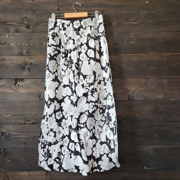 J Crew 100% Linen Slip Skirt Midi Maxi Size XS Floral Black Side Slits Summer - Picture 4 of 10